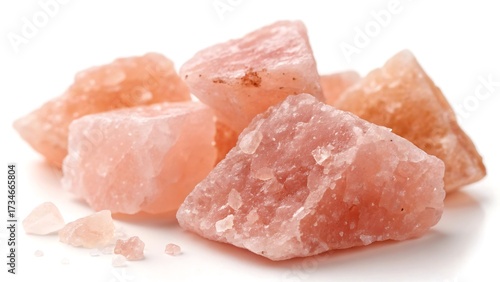 Himalayan Pink Salt Chunks Pile Up in a Mineral Rich Display of Natural Crystals and Earthy Tones on a Clean White Surface