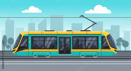 A modern tram with a yellow and blue color scheme, set against a cityscape background, perfect for urban transport themes