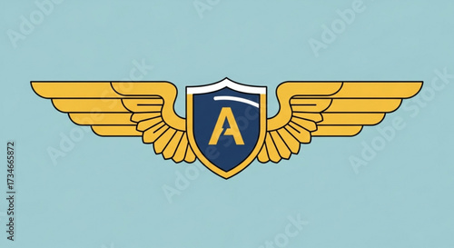 Aviation badge with golden wings and a shield featuring the letter a, symbolizing flight, achievement, and the spirit of aviation