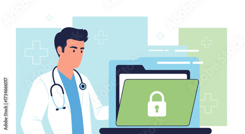 Doctor securing patient data with digital files and secure access ensuring confidentiality