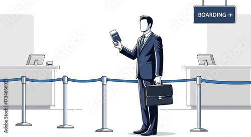 Elegant businessman holding passport at airport boarding gate ready for travel adventure