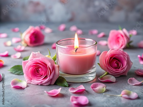 Aromatic pink candle surrounded by delicate rose blossoms and scattered petals on a textured surface