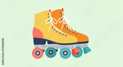 A pair of roller skates, one yellow and one orange, sit side by side on a light green background, ready for a fun day of skating