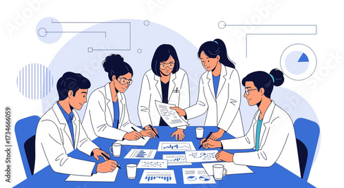 Diverse team of medical professionals collaborating at a conference table analyzing data and reports