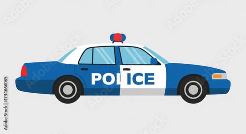 A classic blue and white police car, ready to serve and protect, standing out against a neutral gray background
