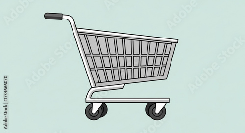 A sleek and modern shopping cart, ready for a trip to the grocery store, presented on a clean and simple light blue background