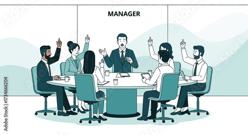 Engaging business meeting with manager leading team discussion and employee participation at round