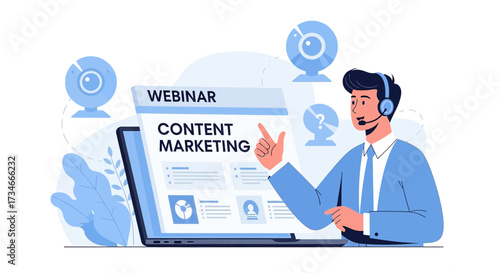 Engaging content marketing webinar illustration featuring a presenter and webcams