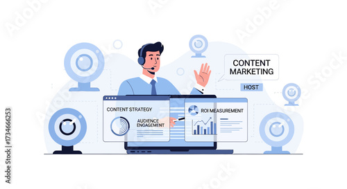 Engaging content marketing host presenting strategy and roi via webinar with multiple cameras