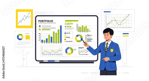 Financial analysis presentation by a professional in the business meeting room with data display