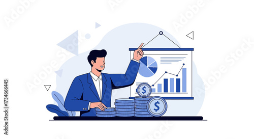 Financial Analyst Explaining Investment Growth with Charts and Coins for Business Success