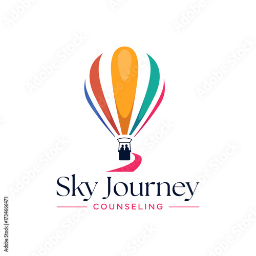 Creative logo design featuring a colorful hot air balloon with people in a basket and a journey path, symbolizing counseling, guidance, and personal growth. Editable Vector File
