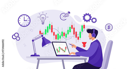 Financial analyst tracking stock market trends and strategies with online data visualization and