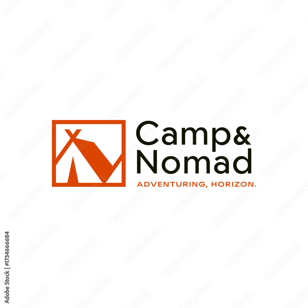 Fototapeta premium Adventure and travel logo featuring a minimalist tent and mountain inside a square frame, symbolizing camping, nomadic lifestyle, and outdoor exploration. Editable Vector File 