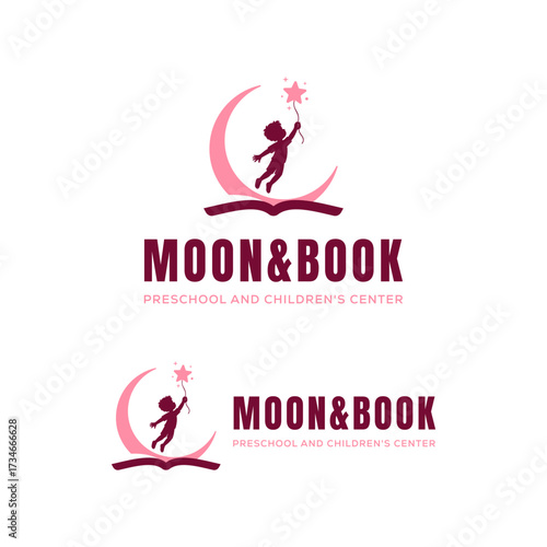 Creative Moon & Book logo featuring a child silhouette flying with a star balloon above an open book and crescent moon, Editable Vector File