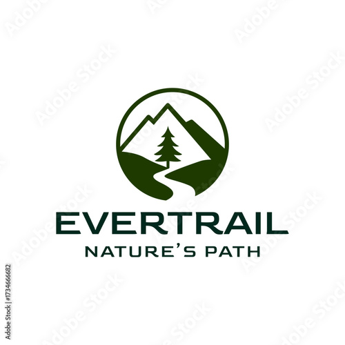 Outdoor adventure and nature logo featuring a circular design with a mountain, a pine tree, and a winding trail, symbolizing hiking and exploration. Editable Vector File
