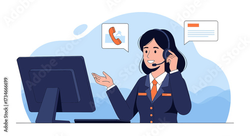 Friendly customer service representative providing support with headset and computer assistance