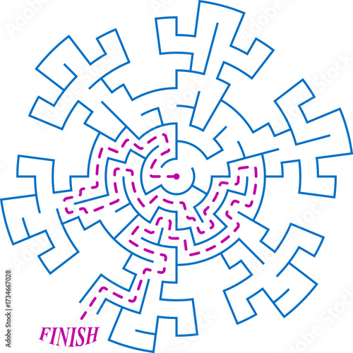 The snowflake labyrinth. Easy difficulty puzzle. Find the way to the center of the maze. Creative Christmas flat game related to frost, winter, new year, christmas. Simple vector style