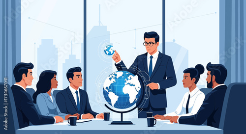 Global Business Strategy Presentation in Modern Corporate Meeting Room Setting