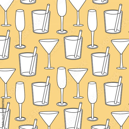 Vector seamless pattern with tumblers, martini glasses, and flutes. Great for restaurant menus, digital backgrounds, fabric prints, and food and drink projects.