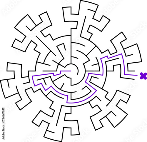 The snowflake labyrinth. Easy difficulty puzzle. Find the way to the center of the maze. Creative Christmas flat game related to frost, winter, new year, christmas. Simple vector style
