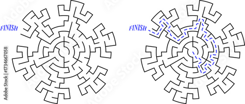 The snowflake labyrinth. Easy difficulty puzzle. Find the way to the center of the maze. Creative Christmas flat game related to frost, winter, new year, christmas. Simple vector style