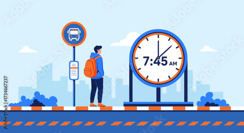 Illustration depicting a person waiting for the bus at 7:45 AM near a city skyline