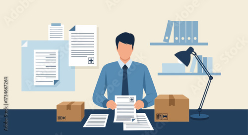 Illustration depicting doctor reviewing medical documents and parcels in the office