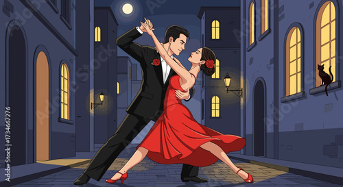 Romantic tango dance illustration of couple dancing in street at night under moonlight with cat watching