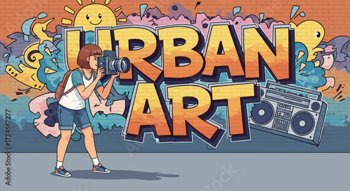 Illustration of urban art graffiti wall with photographer and boombox street art design style vector