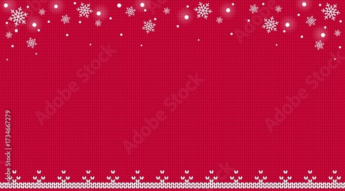 Photos Red winter knitted background with falling snowflakes and white ornament