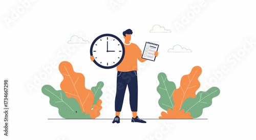 Illustration depicting time management and productivity with a clock and checklist