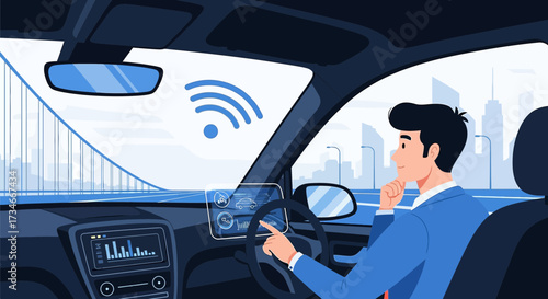Illustration of a connected autonomous car driving on a bridge towards the city