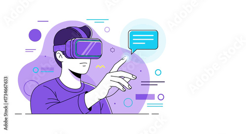 Illustration of a man using a virtual reality headset in a digital environment exploration