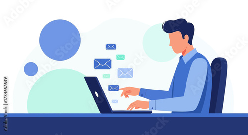 Illustration of a man using a laptop to send and receive emails effectively managing communication