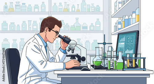 Scientist using microscope in laboratory for medical research and scientific experiment and analysis work
