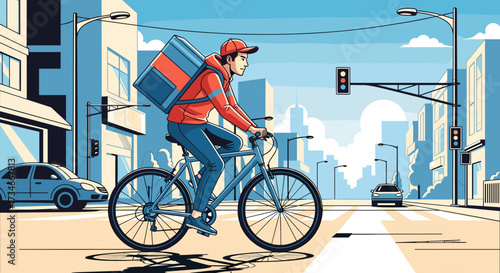 Delivery man riding bike in city street delivering food with backpack fast delivery service concept art