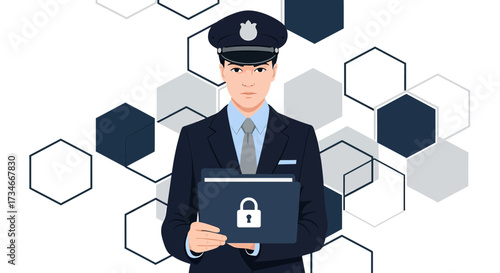 Illustration of a Security Guard Holding a Secure File Against a Hexagon Background