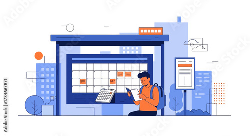 Illustration of a student planning at a bus stop with a calendar schedule background