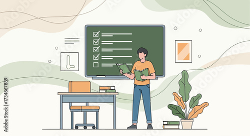 Illustration of a student in a classroom, reviewing checklist on blackboard preparing for exams