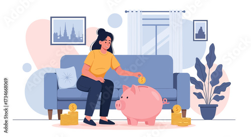 Illustration of a woman saving money with a piggy bank in a cozy living room setting depicting