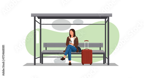 Illustration of a woman waiting at a bus stop with luggage and a coffee cup for travel