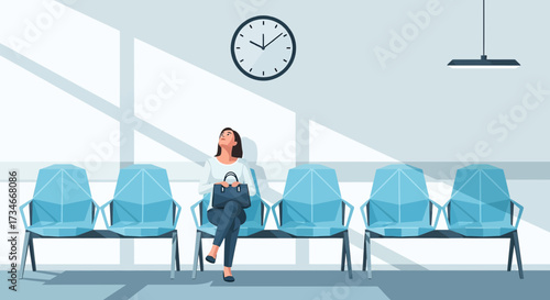 Illustration of a woman waiting in a waiting room with chairs and a clock on the wall