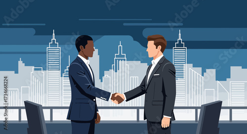 Illustration of diverse business professionals concluding a deal with city skyline backdrop