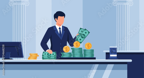 Illustration of financial advisor managing money and investments in a bank setting