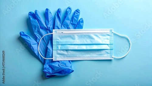 Blue disposable face mask and nitrile glove on light blue surface