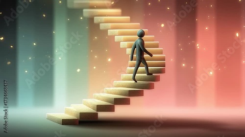 Small Steps Success Abstract Animation of Figure Climbing Spiral Staircase with Glowing Background digital design for personal development and productivity