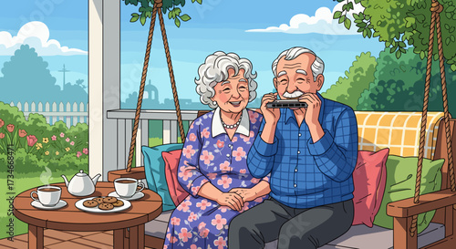 Illustration of elderly couple relaxing on porch swing with harmonica and tea time in garden setting scene