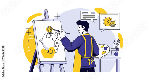 Illustrative artwork depicting financial creativity: an artist painting money on a piggy bank canvas