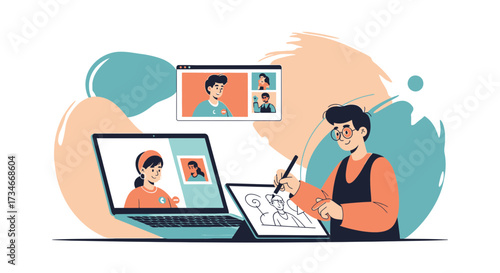 Illustrative depiction of a creative individual engaged in a virtual online collaboration using